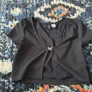 H&M Black Ribbed Blouse with Butterfly Accent